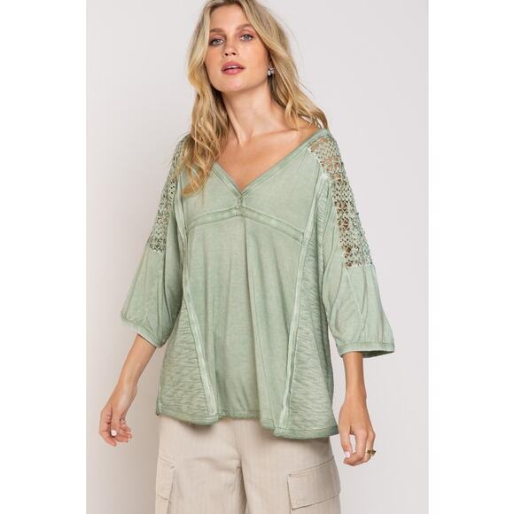 💣POL Feminine Boho Crochet Sleeves Raw Edge Back Yoke Soft Sage Blouse | Size S - Picture 4 of 5